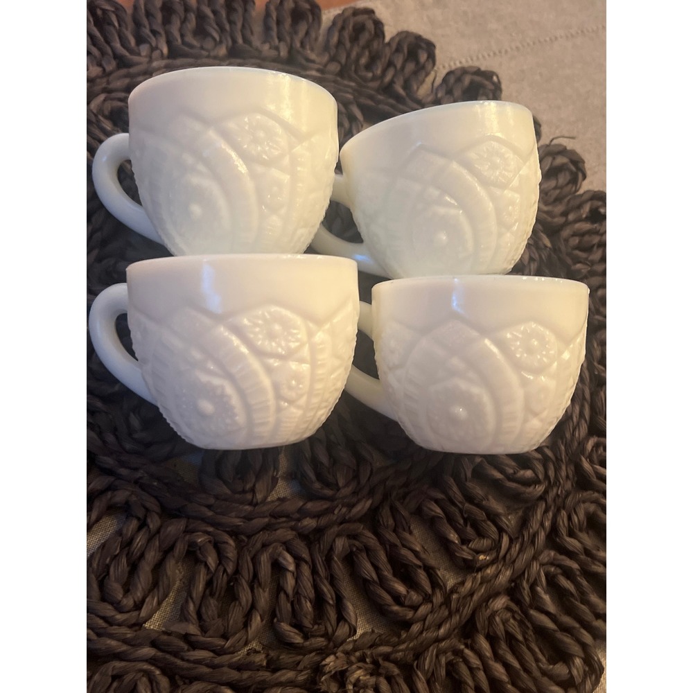 McKee Concord Punch Cups White Milk Glass Pressed Lattice Rosette Motifs Set 4